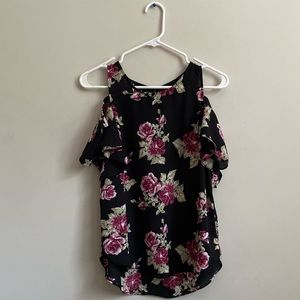 BCX Black Floral Cold Shoulder Short Sleeve Blouse